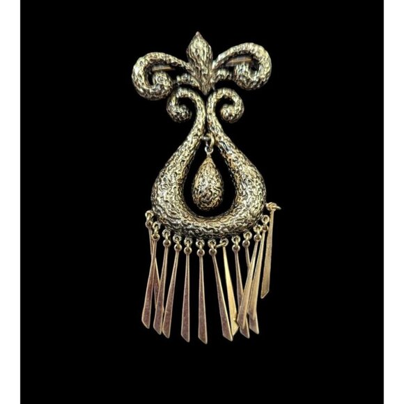 Vintage Gold-Tone Fleur de Lis Brooch With Dangling Tassels articulated Estate - Picture 1 of 9